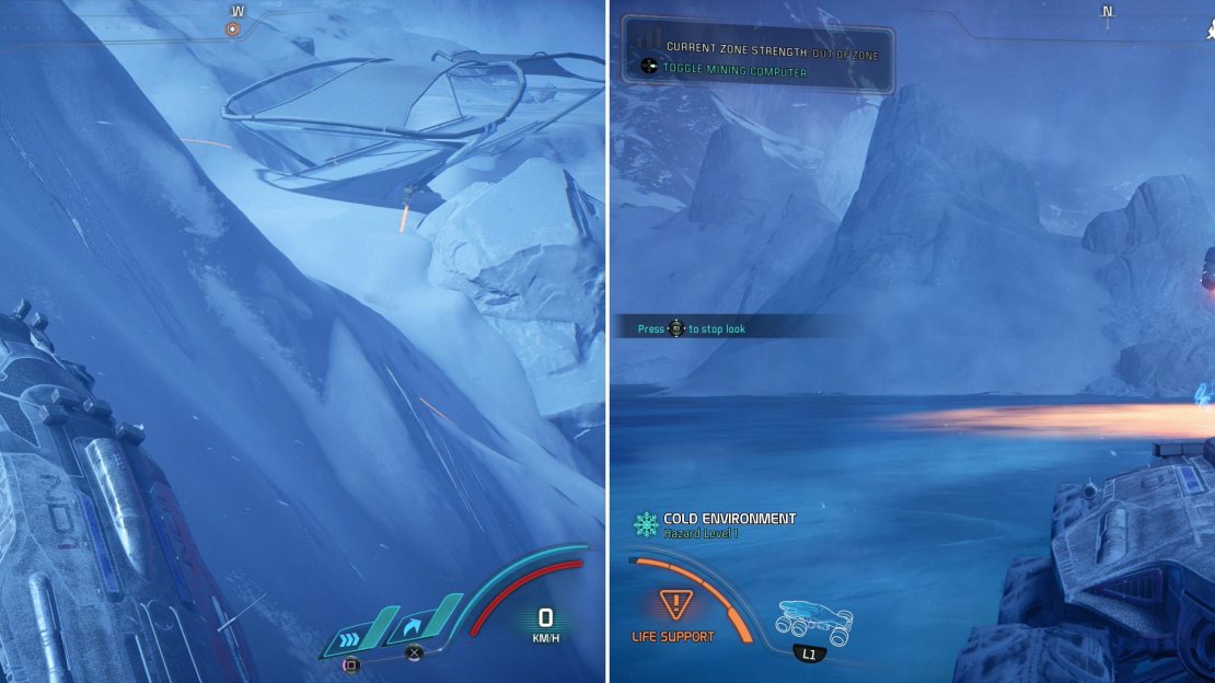 If you’re willing to drive… creatively… you can find more rare minerals at a Mining Zone past a bridge (left). Drive onto a frozen lake to deploy another Forward Station (right).