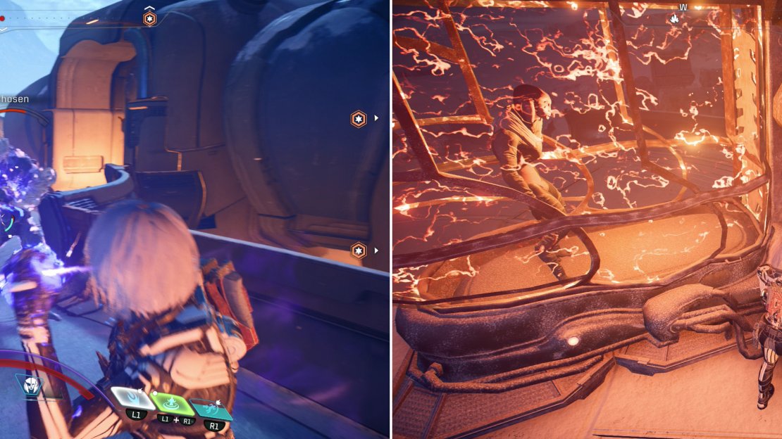 Defeat multiple waves of Kett at the labor camp (left) then free the Angara captives (right) to earn Evfra’s trust.