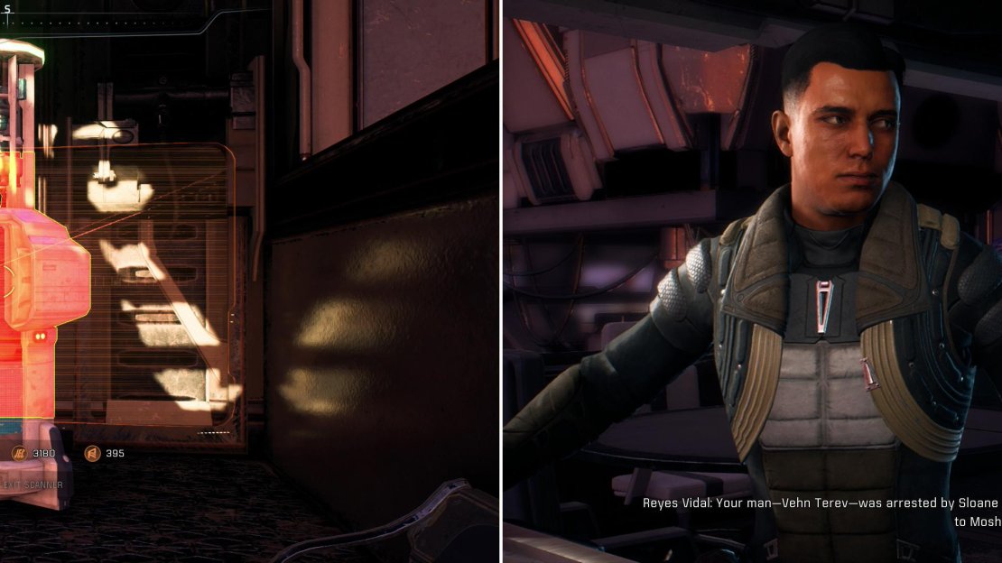 Search around Kadara Port to find some stolen Initiative tech you can scan (left) then meet your contact in Kralla’s Song (right) to learn what obstacles hinder you.