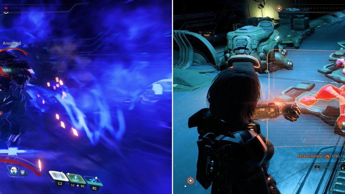 Slaughter your way through some Kett laboratories (left) where you’ll find gruesome evidence of how poorly the Kett have treated the Salarian colonists (right).
