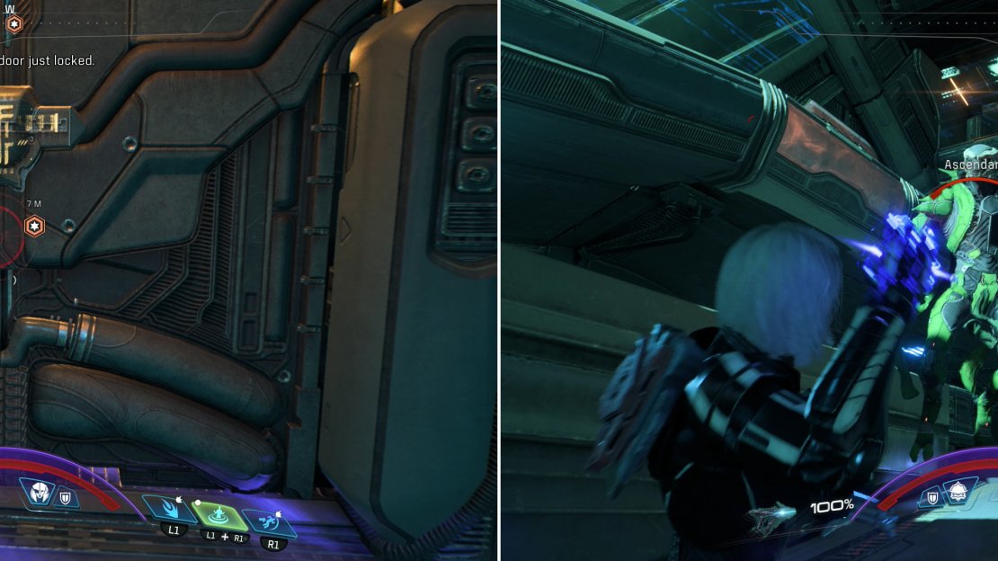 As you attempt to proceed through the Gun Battery, the door out will lock in front of you (left). Fight through a horde of Kett, including an Ascendant (right).