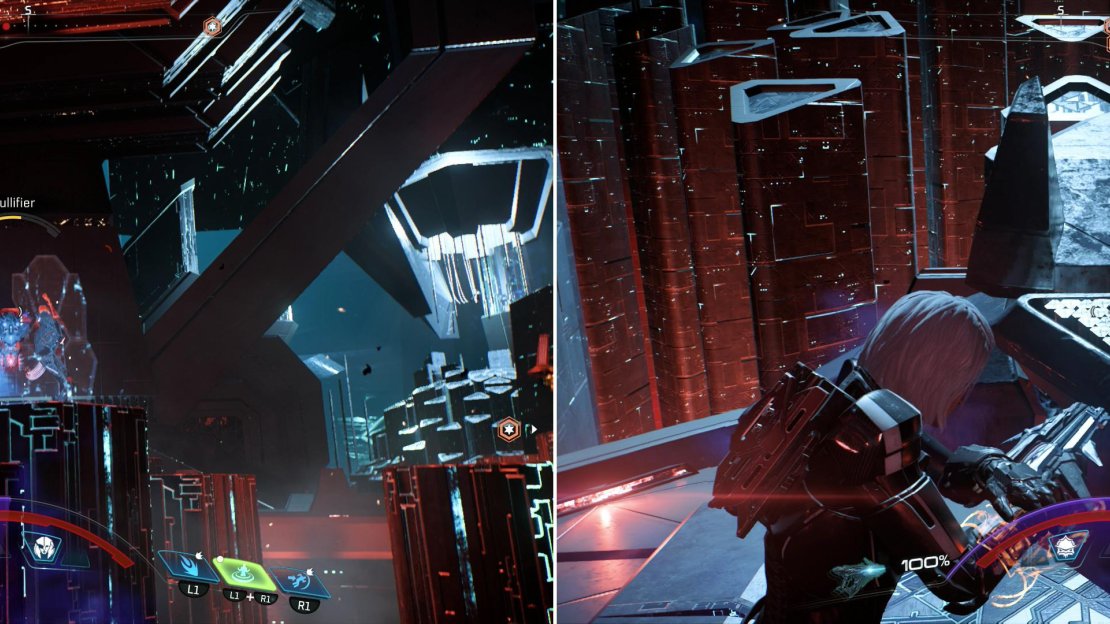 Fight your way through the last Remnant defense (left) and hit the third Power Relay to end the fight (right).