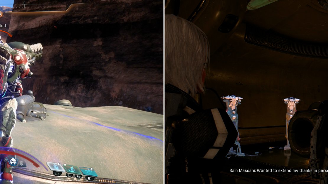 More Kett await a good smiting at the barracks (left) after which return to Bain for your reward (right).