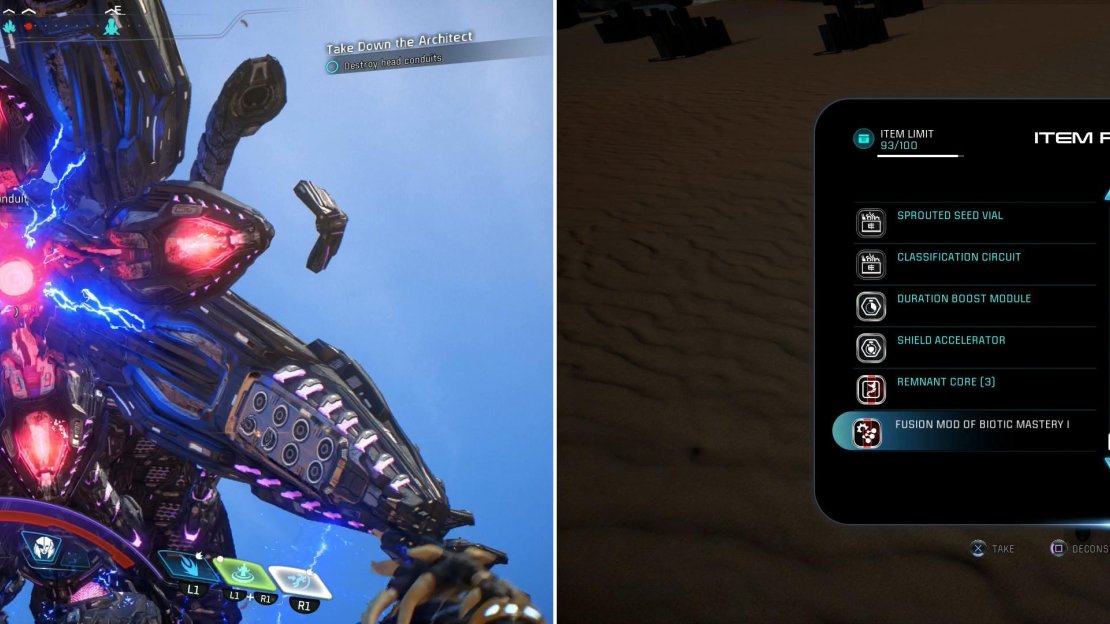 After dealing sufficient damage to its legs, you’ll be able to focus on the Architect’s head Conduit (left). Destroy the head Conduit and hack the Architect, after which it’ll leave behind treasure - in this case including the Fusion Mod of Biotic Mastery I (right).