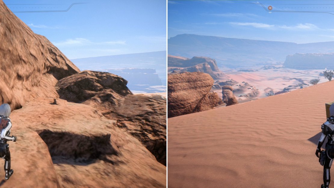 The Nomad will get you close to the reciever deployment site, but some rough terrain will oblige you to finish the journey on foot (left). Reach the navpoint and deploy the reciever to bring the news to Prodromos (right).