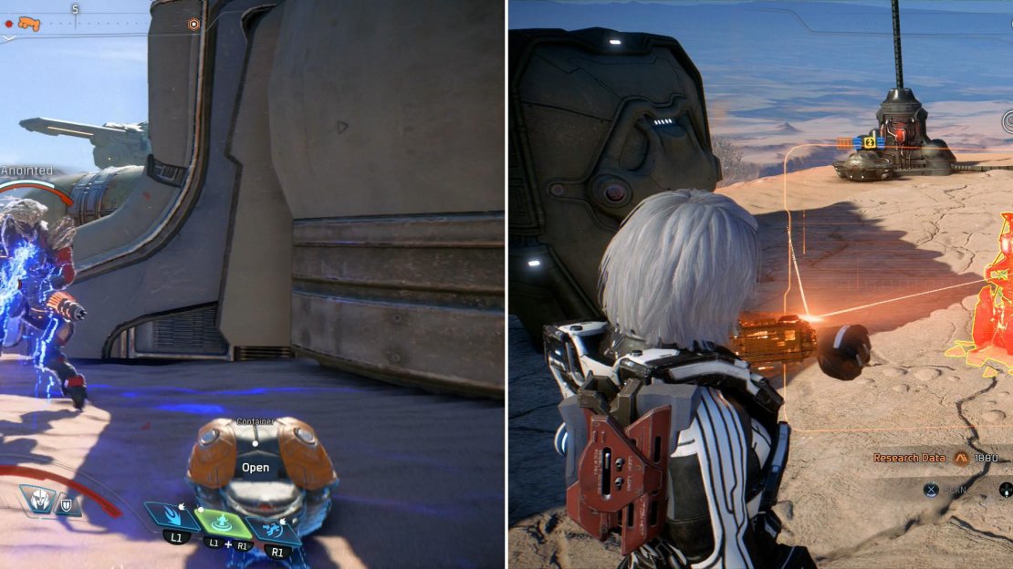 Raid random Kett camps (left) and search for - and scan - Remnant Data Core Nodes (right).