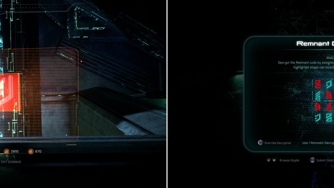 Infiltrate some Remnant ruins and between clashes with Kett keep your eye (and scanner!) out for glyphs (left). Use the glyphs to complete a Remnant puzzle and claim some treasure (right).