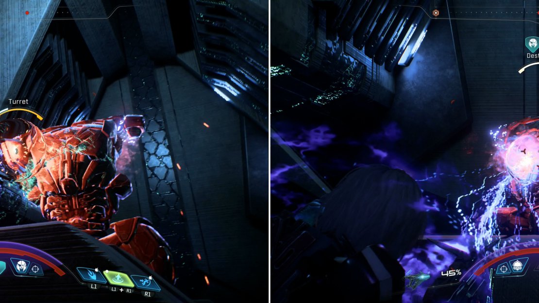 Target the Destroyer’s Turrets to deal damage and limit the machine’s offense (left) after which concentrate your fire on its body (right).