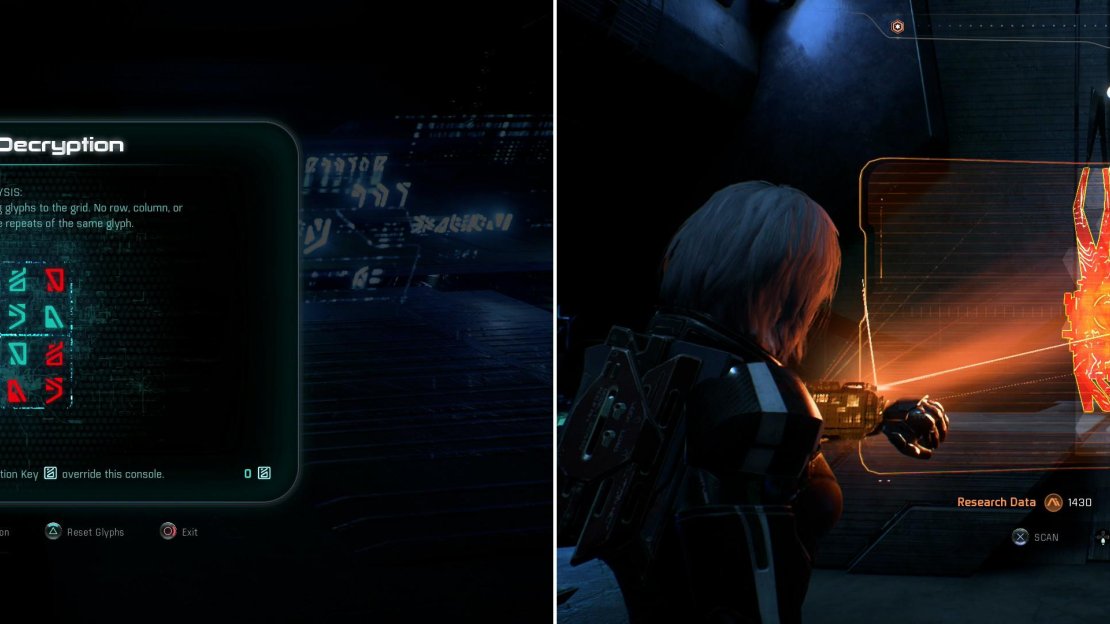 Solve a Remnant puzzle (left) to score some loot, and scan an Adaptive Remnant Core Device (right) for some Remnant Research Data points.