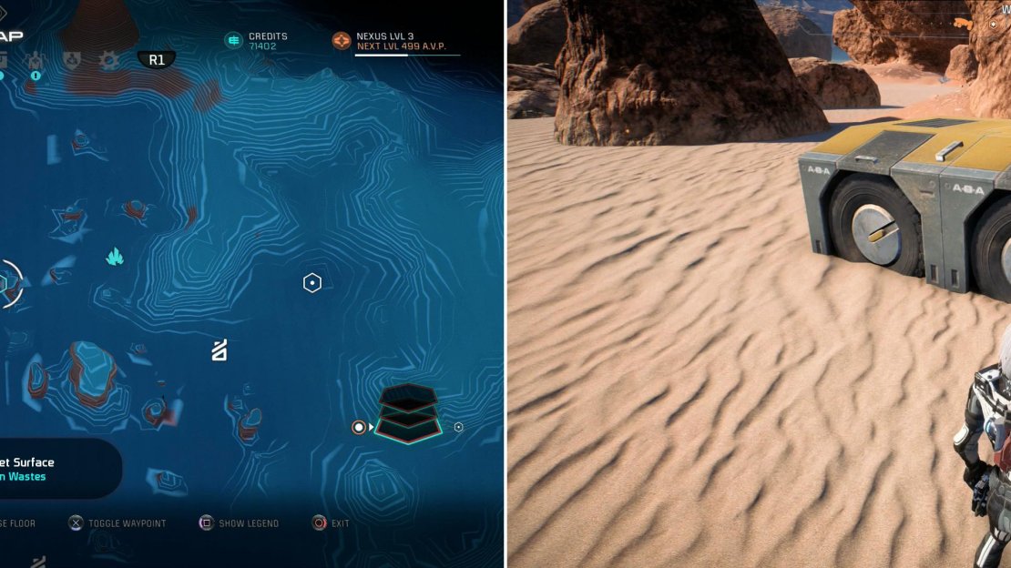 Head to the marked location in the Golden Wastes (left) to find a Field Comm Terminal (right) which will start this quest.