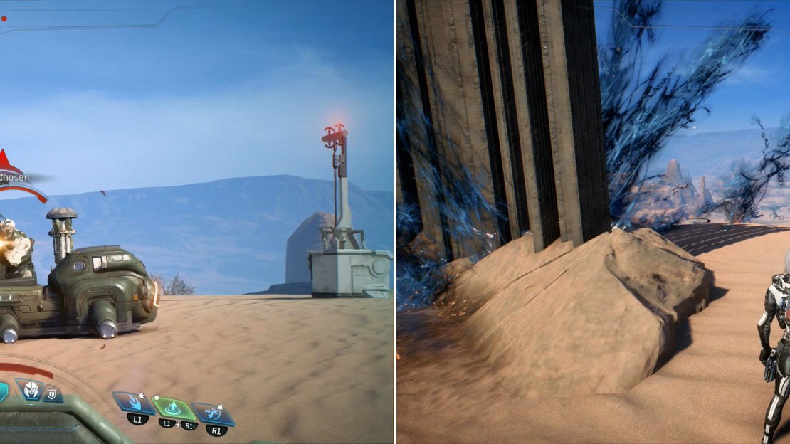 Defeat whatever foes impede your progress - one beacon is near a Kett camp (left) while another is near some Scourge-plagued Remnant ruins (right).