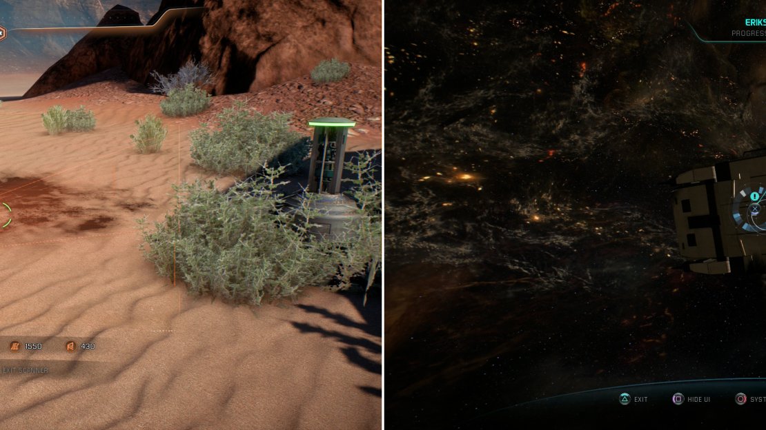 Scan the Shuttle Burn Marks at various navpoint-marked “muster sites” (left) then track down some surviving colonists in the Eriksson System (right).