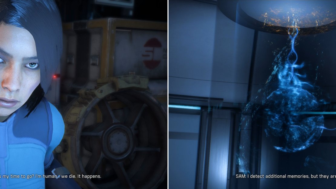 Interact with the Memory Triggers on Eos to unlock a memory, which you can view by visiting the SAM Node on the Hyperion (left). Afterwards, SAM will encourage you to continue the quest by finding more Memory Triggers on other planets (right).