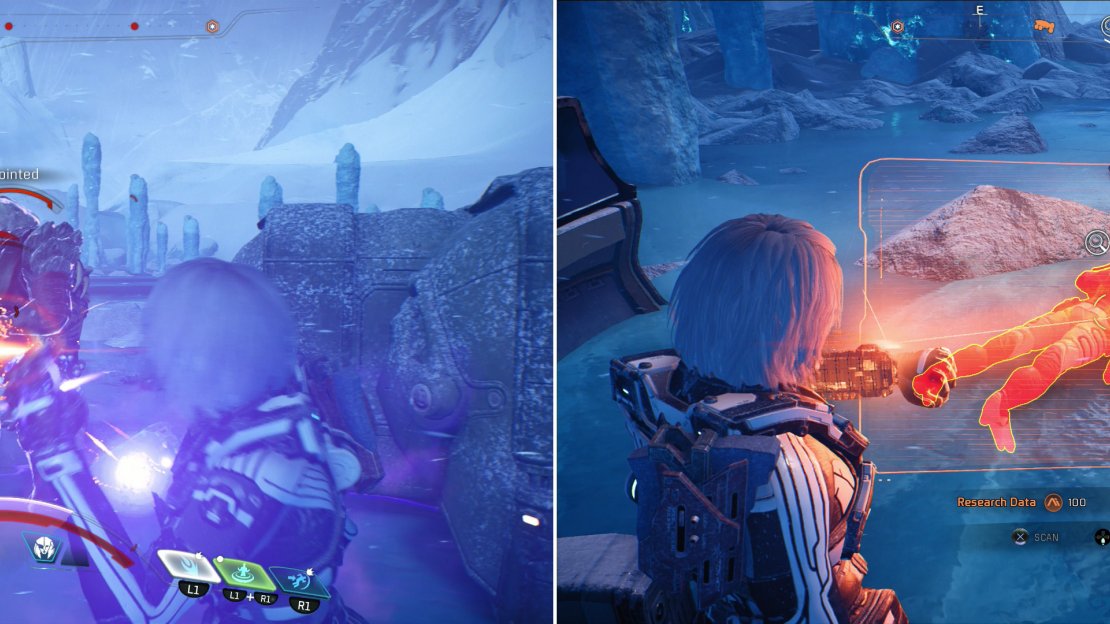 As you explore Voeld, raid unmarked Kett camps (left) and with luck you’ll find randomly spawning Angaran corpses you can scan (right).