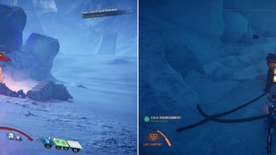 Scan enough Angaran corpses and you’ll get a navpoint leading you to a fortified cave crawling with Kett (left). Defeat them and their reinforcements, then free an Angaran prisoner (right).