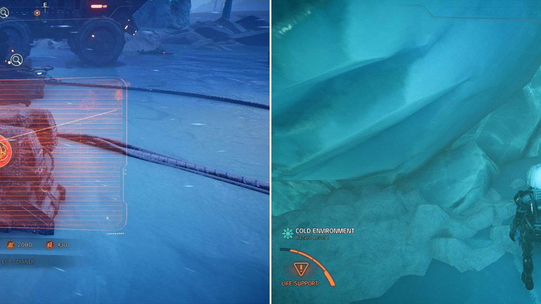Scan units of Kett tech for Angaran bugs (left) then investigate the caves leading to Ja Niihk to find a datapad containing useful intel (right).