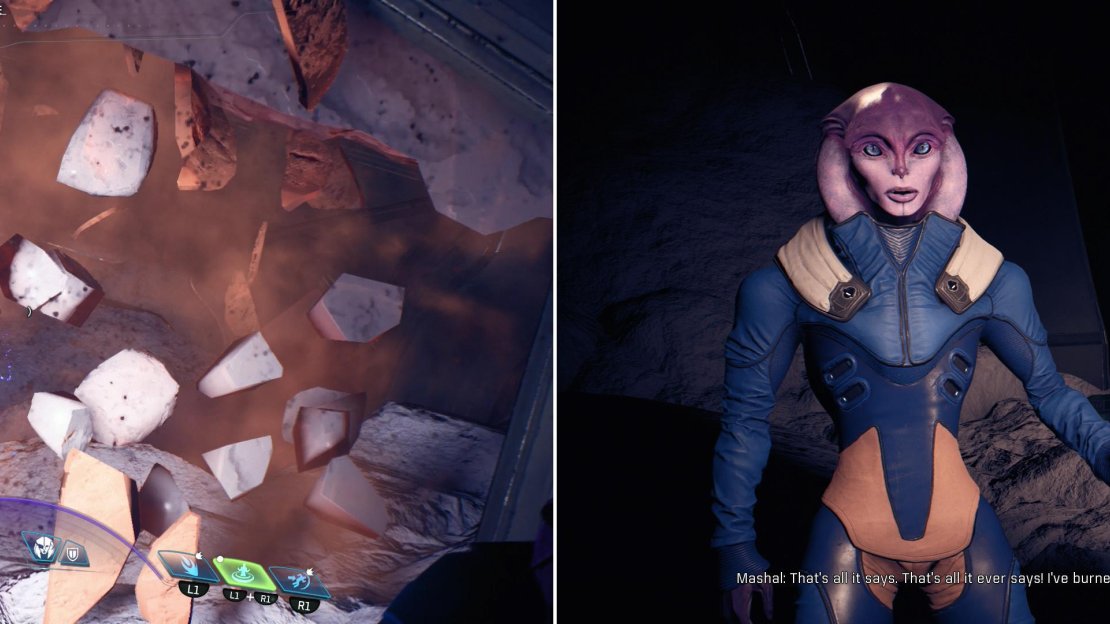 Destroy a weak section of wall to reach a generator (left) which will power a door and reveal a somewhat deranged Mashal (right).