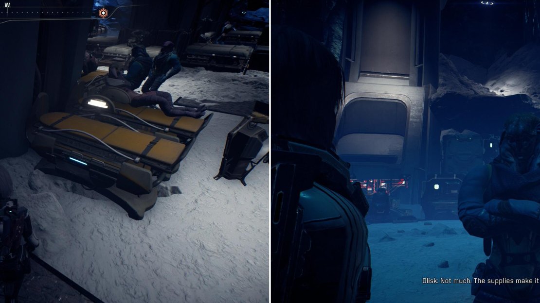 Find a Datapad in the Resistance Base (left) to learn about some missing supplies, then talk to Olisk to will allow you to look into the missing supplies (right).