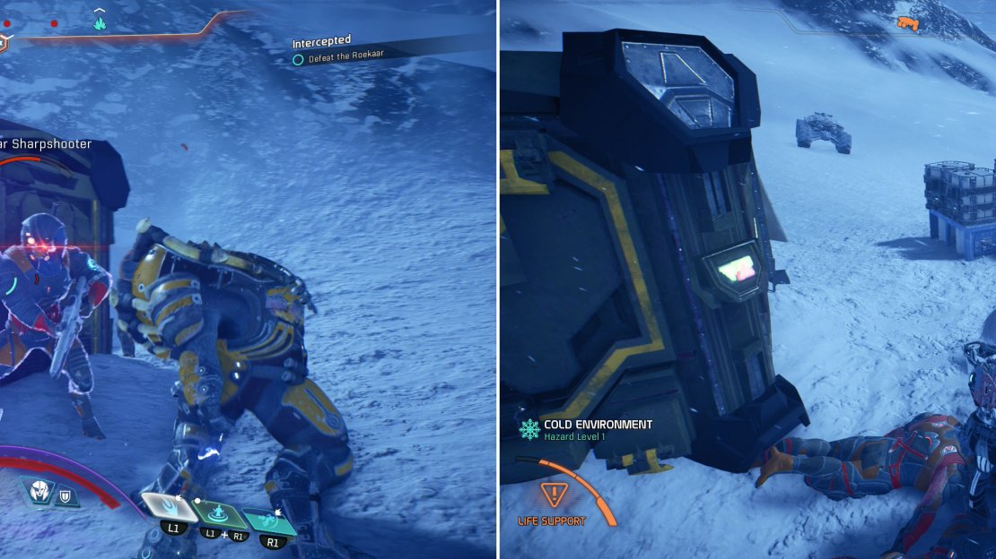 Kill the Roekaar at the supply drop site (left) then examine a datapad to gain some hard evidence fingering the culprit (right).