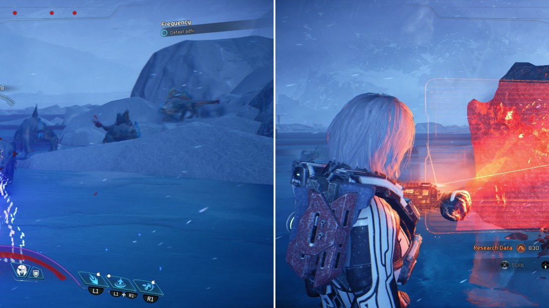 Kill the Wild Adhi attracted to the meteorite (left) then scan the strange rock (right).