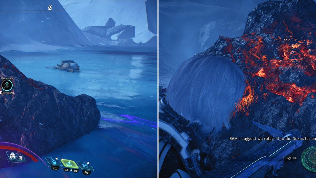 Fend off waves of Wild Adhi as you attempt to dampen the meteorite’s signal (left) after which you’ll have to decide what to do with the troublesome rock (right).