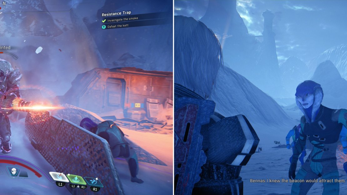 Follow the sounds of combat to find some Kett attacking some Resistance fighters (left). After repulsing the Kett, talk to the Resistance leader to learn about the Resistance trap (right).