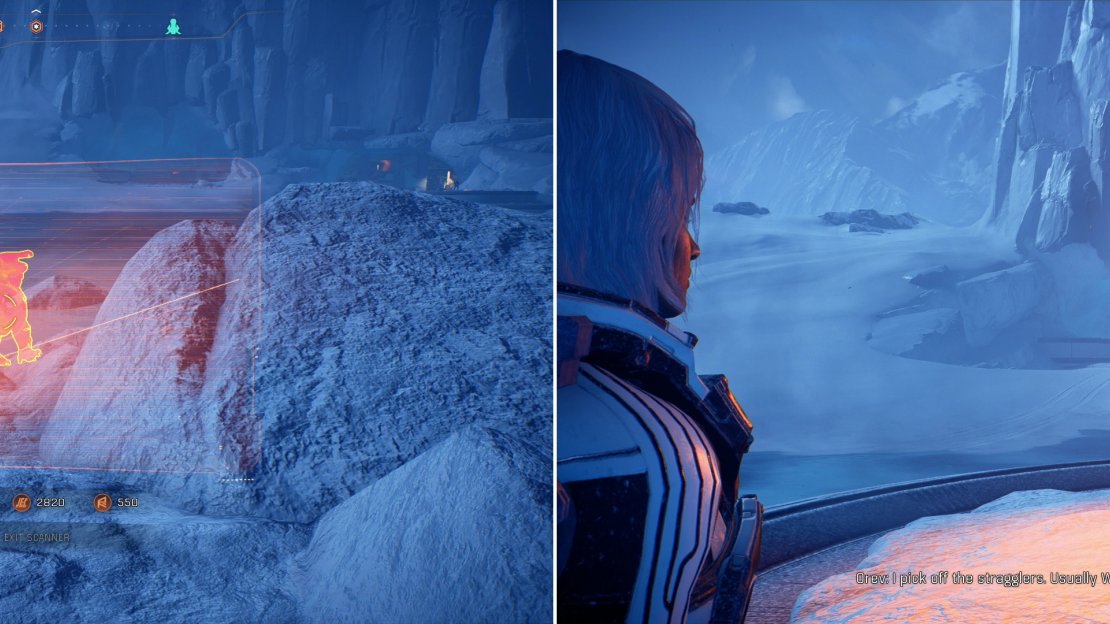 Scan the invisible Wraith “White Death” (left) and after the Angaran sniper takes his shot, head over to his position near the Techiix Station (right).