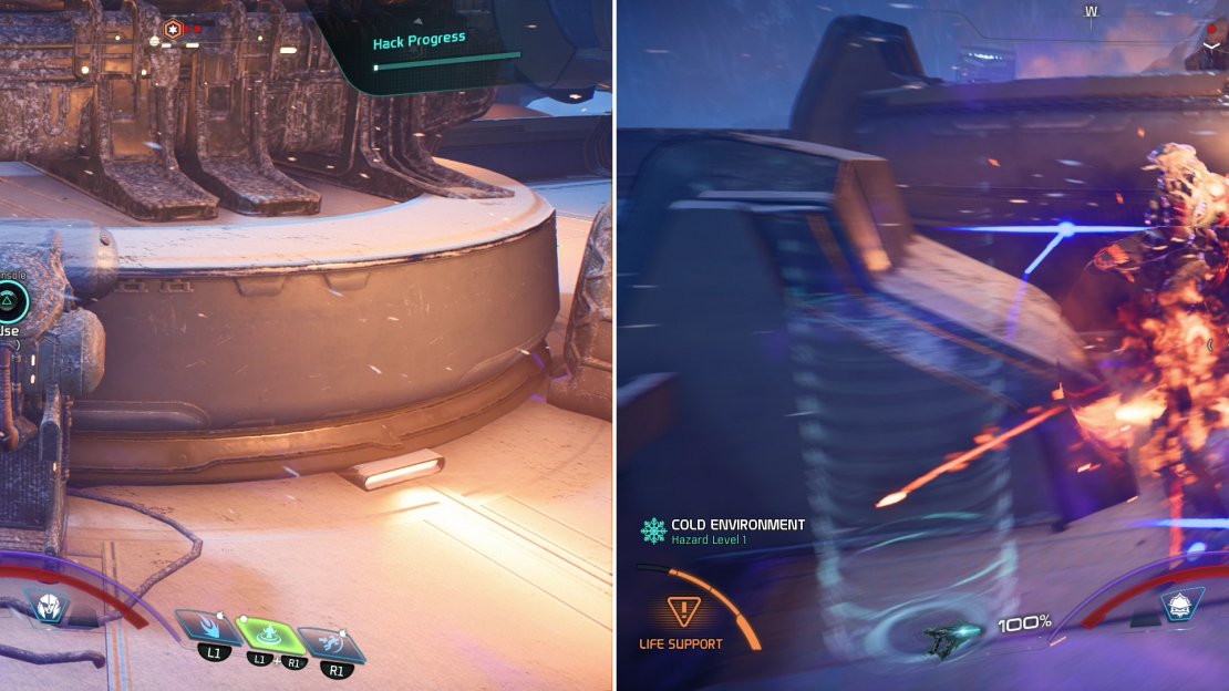 Hack a number of consoles (left) then stay near them for the duration of the hack and fend off endless waves of Kett (right).