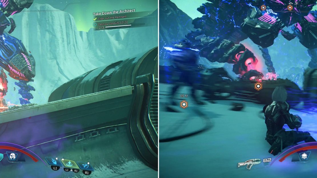 Stay in cover to avoid the Architect’s rapid-fire laser attack (left) and stay mobile to avoid its mines (right).