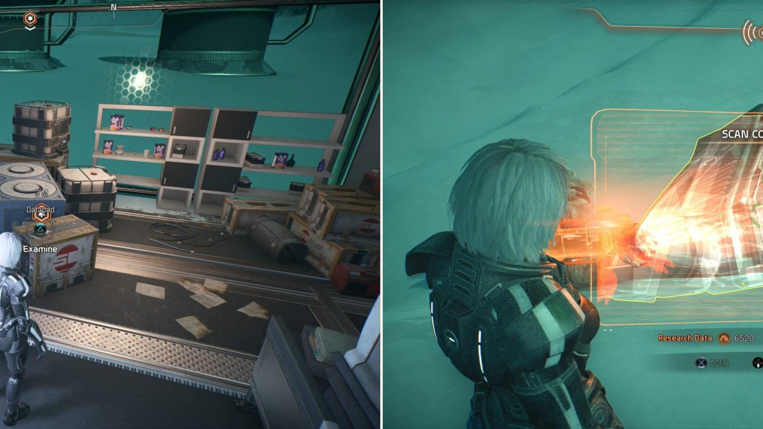 Search a datapad in the Voeld outpost to find out where Priya Blakes team went (left) then track them down and scan their remains (right).