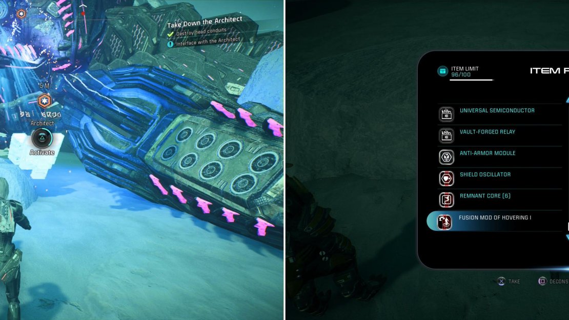 When the Architect falls, activate it to neutralize it permanently (left) then loot the lucrative container it leaves behind (right).