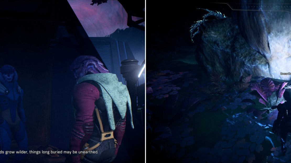Sage Fleera will mention some Remnant artifacts that may have been exposed by Havarl’s hyperactive plant growth (left). They’re not marked on your map, but your scanner and their tell-tale lightning should give them away (right).