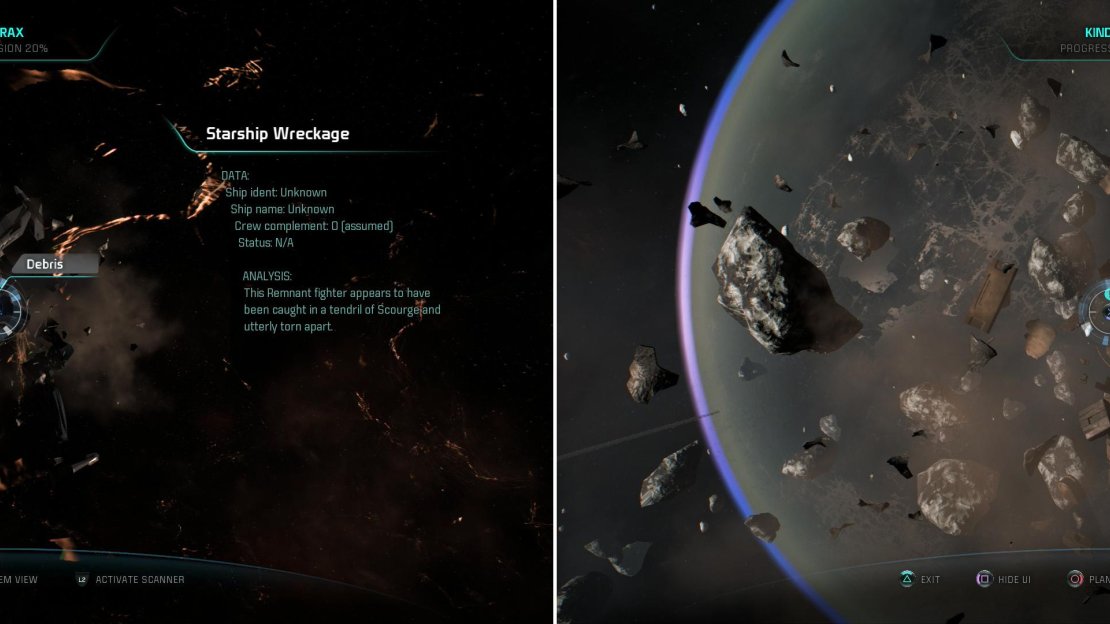 Kindrax is the death ofsStarships, as evidenced by the Remant fighter (left) and the wrecked shuttle in the ring around H-202 (right).