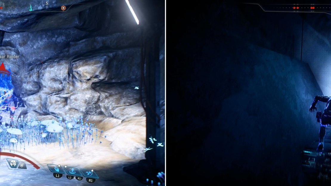 Kill the Roekaar in the cave to find the Remnant Console he was guarding (left) and use it to deploy some platforms you can use to reach previously unobtainable heights (right).