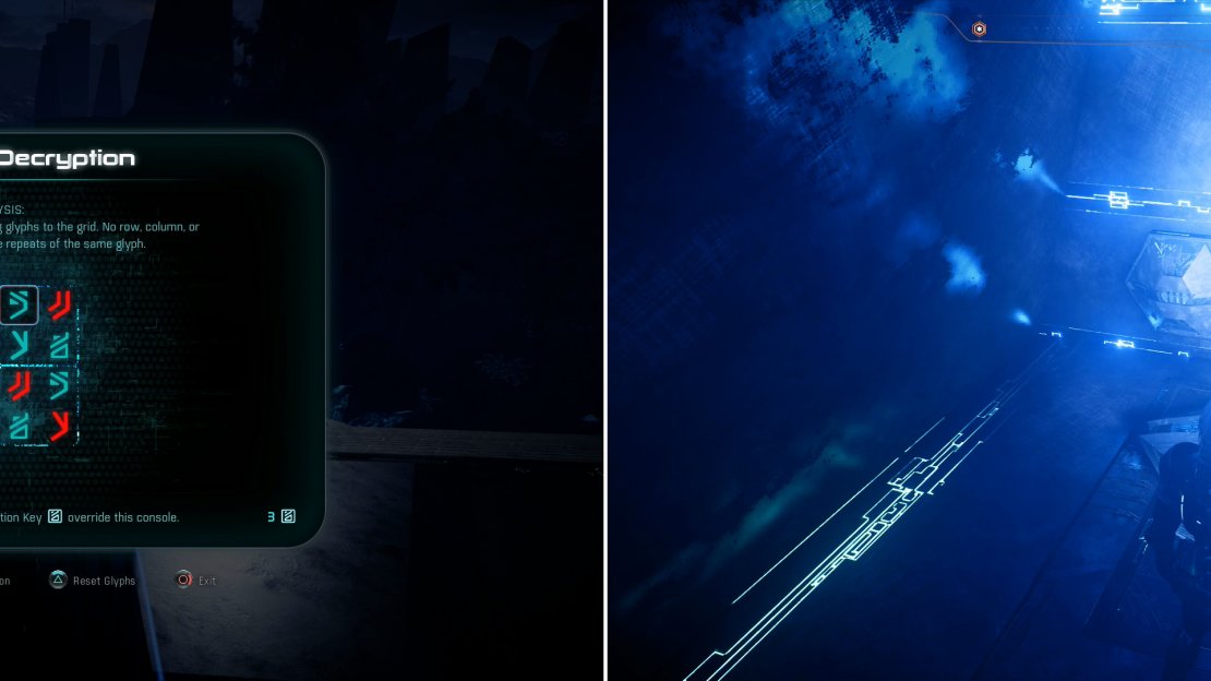 Solve the Remnant puzzle (left) then ride a Gravity Well to reach a small chamber with a lucrative container inside (right).