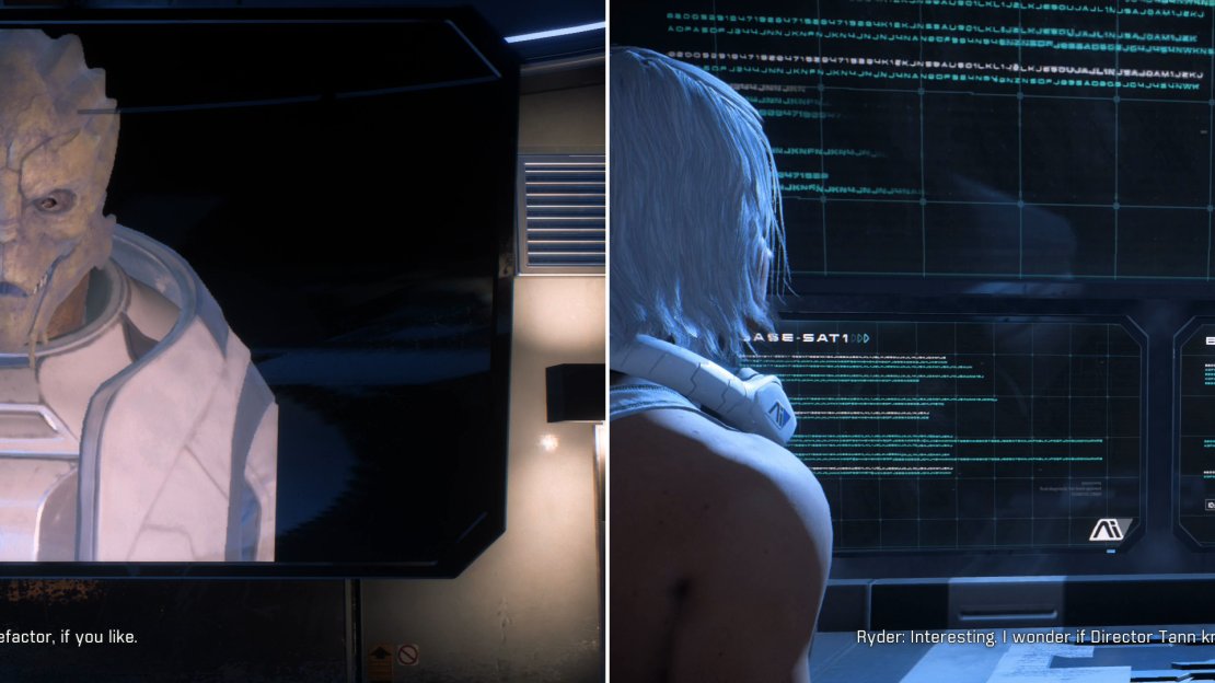 Interact with SAM node to watch a memory of your father’s meeting with a mysterious benefactor (left) then listen to his logs to pick up a lead on this benefactor (right).