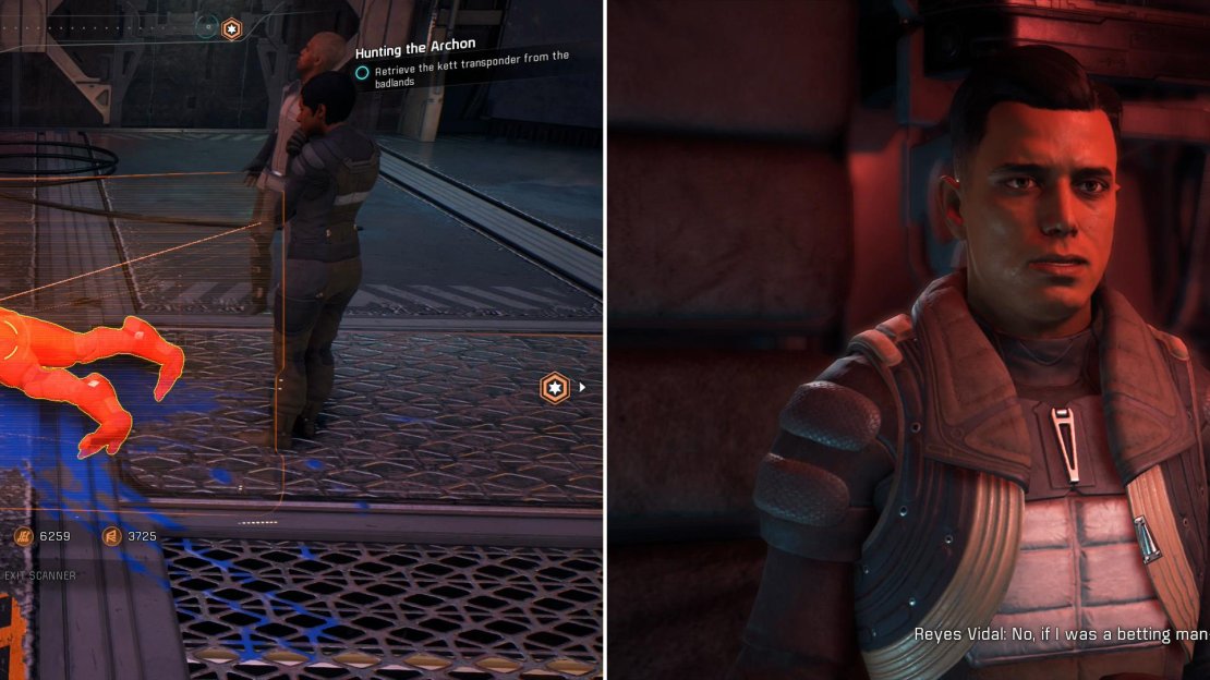 Scan the murdered Angaran in Kadara’s marketplace (left) then visit Reyes Vidal in Tartarus to hear his suspicions (right).