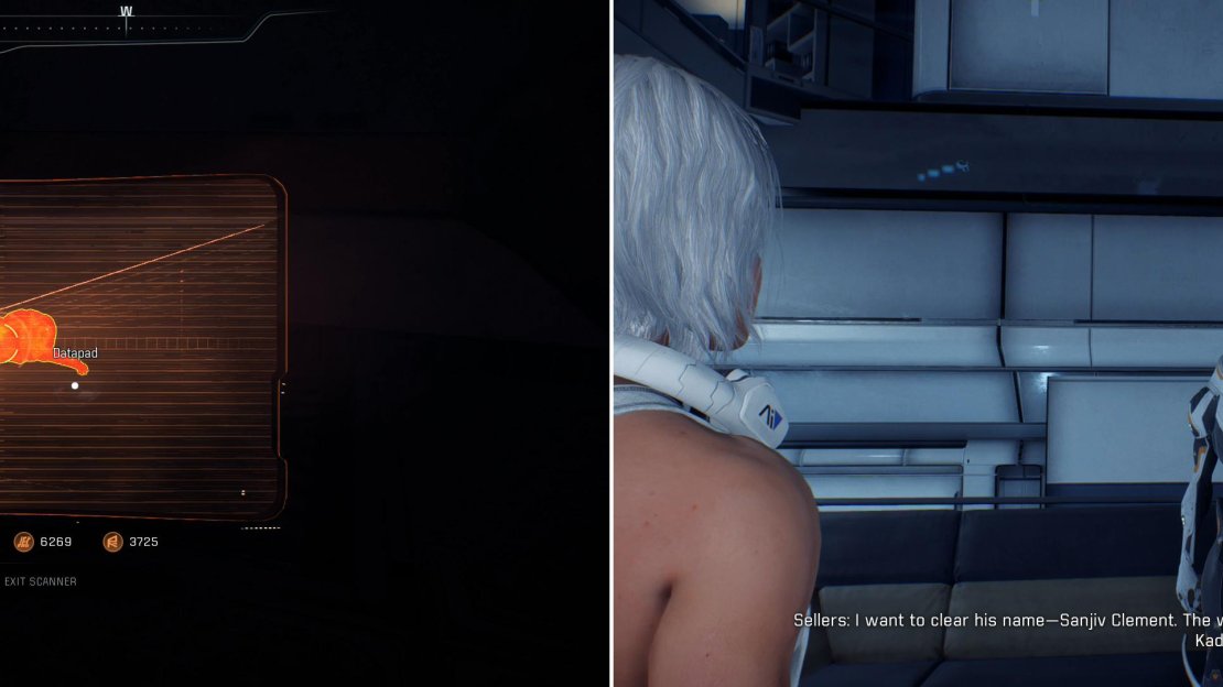 In a dark alley near Tartarus you’ll find a body (left). Scan the corpse and report your findings to Sellers (right).