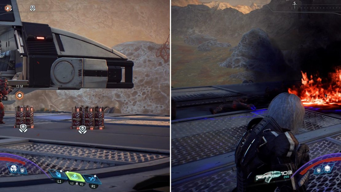 Fight your way up to the landing pad and eliminate the remaining stragglers (left) then destroy their cargo to see it never gets put to ill use (right).