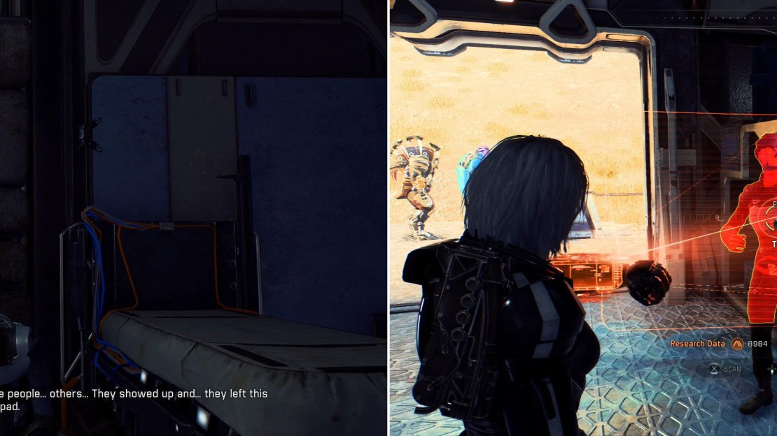 Talk to the Salarian exile and listen to his crazy rambling (left) then scan his fellow aliens (right).