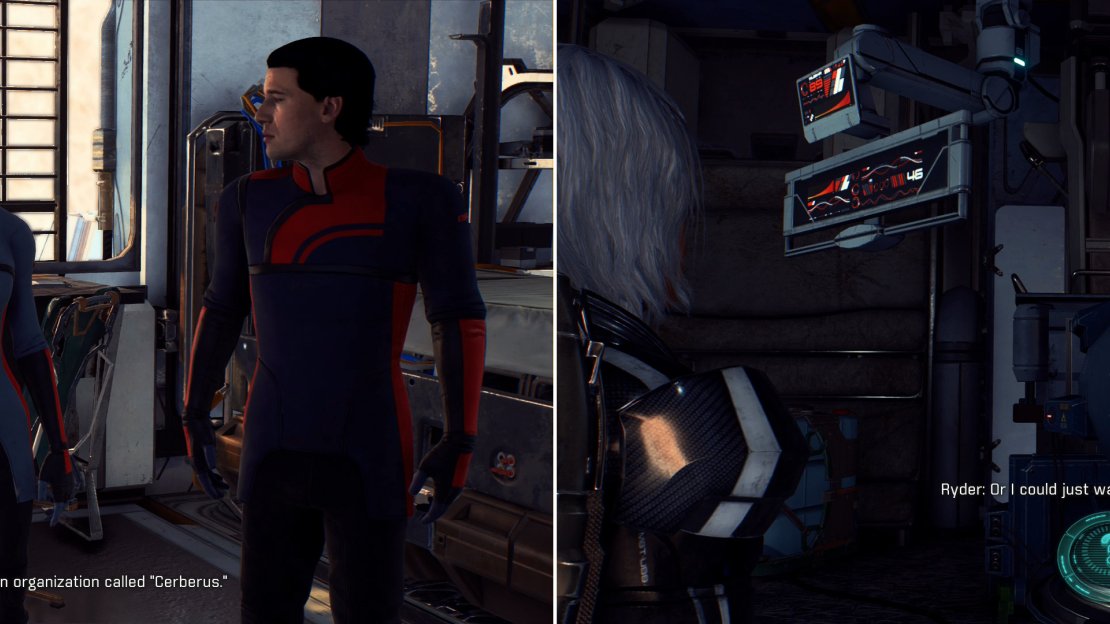 Confront the scientists in the nearby structure (left) then decide what to do with their mind control device (right).