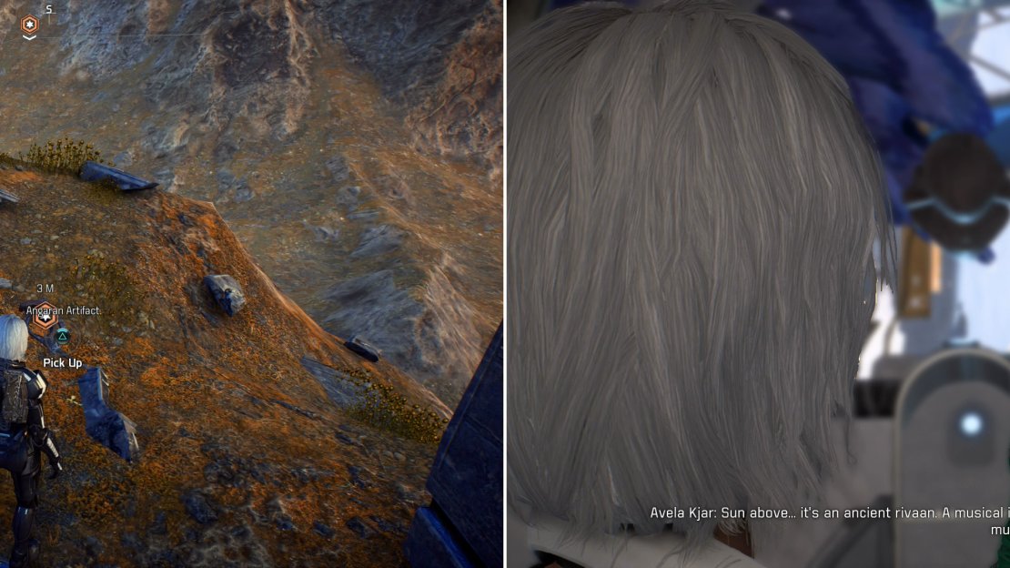 Scale a hill to reach a ruined Angaran shrine, where another artifact awaits (left). With this prize in hand, return to Avela Kjar on Aya (right).