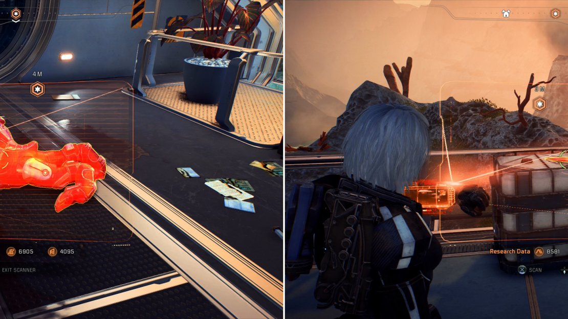 Scan the body of a brutally murdered Krogan (left) and follow the clues until they lead you to a distinctive knife outside (right).