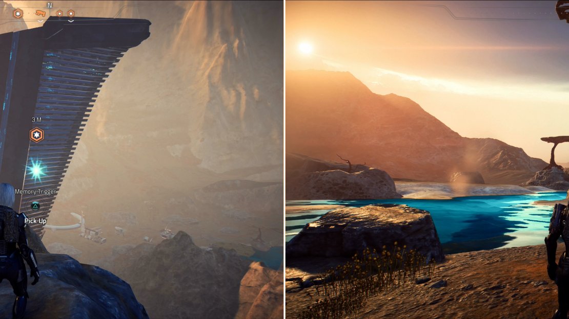 Find one Memory Trigger near a monolith (left) while another can be found on the southern shore of the lake in Kurinth’s Valley (right).