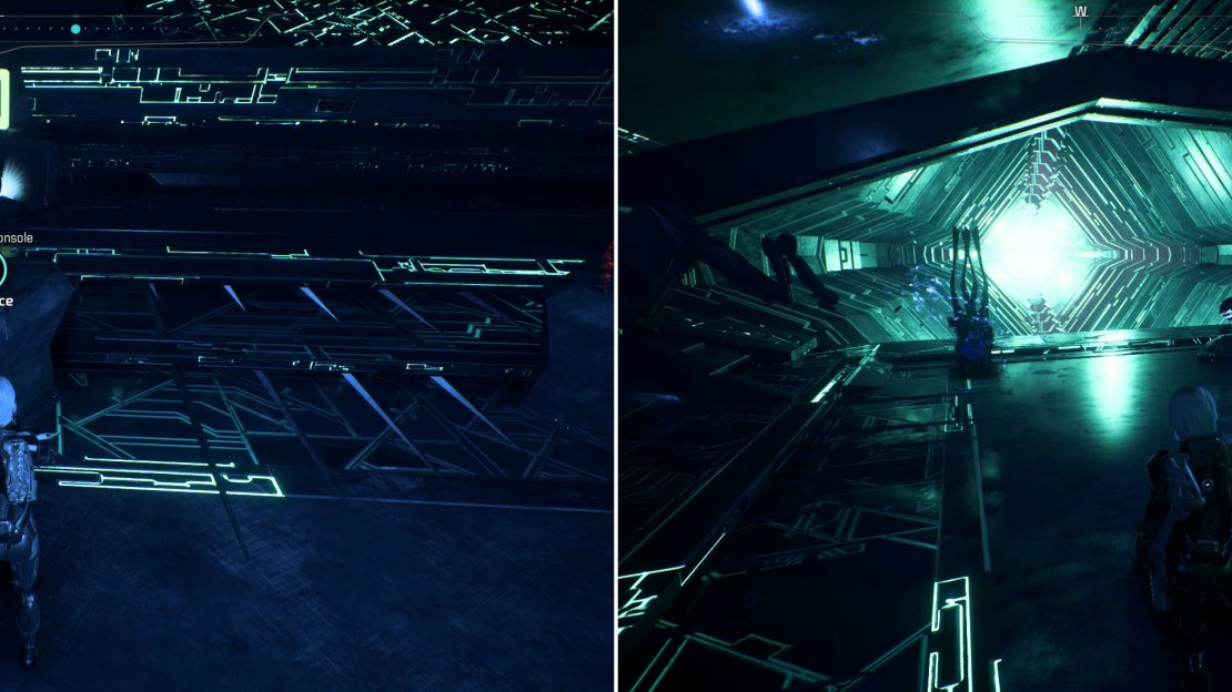 Activate some nearby consoles with symbols corresponding to the symbols on the door in order of left to right (left), then open the door to find a lucrative treasure chamber beyond (right).