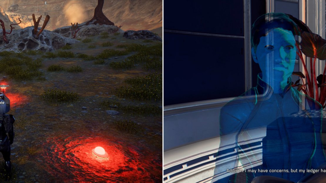 After completing numerous quests to make Kadara politically and environmentally viable, activate the Outpost Beacon (left) then chat with a hologram of Addison (right).