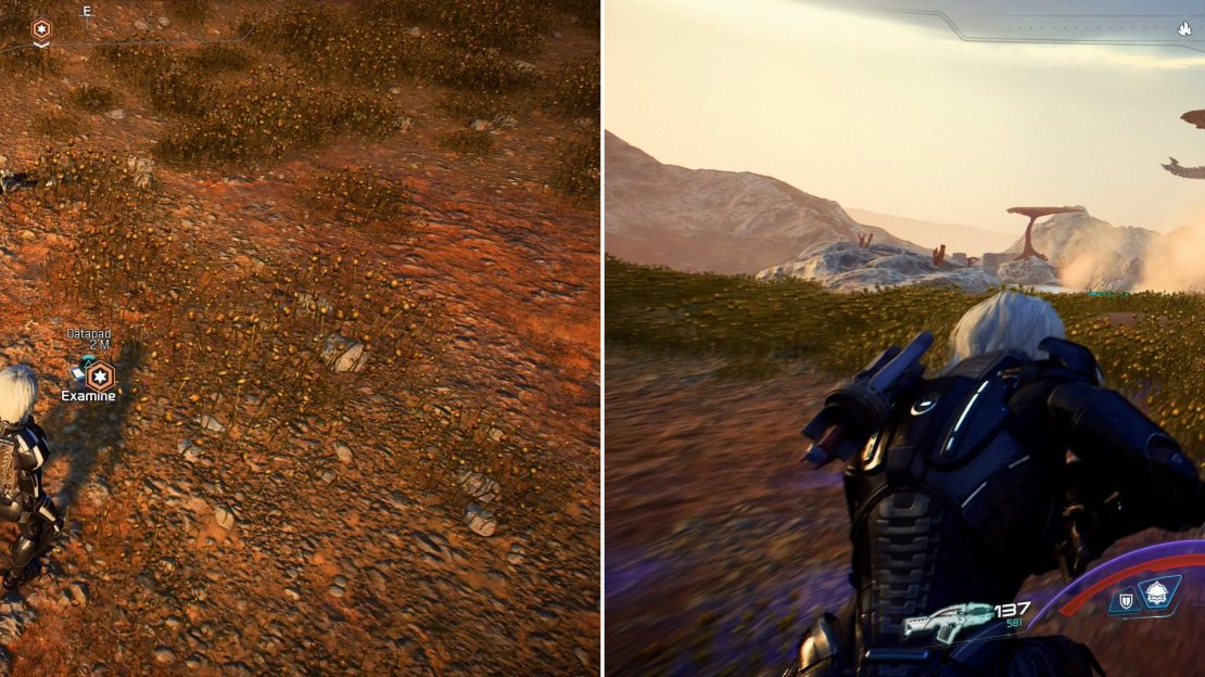 Read a datapad to find out what happened to Bishop (left) then make your way north to the lake in Kurinth’s Valley, over which Old Skinner flies (right).