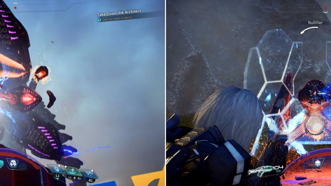 Stick in cover when the Architect fires its rapid laser attack (left) and dispatch the Remnant it periodically summons (right).