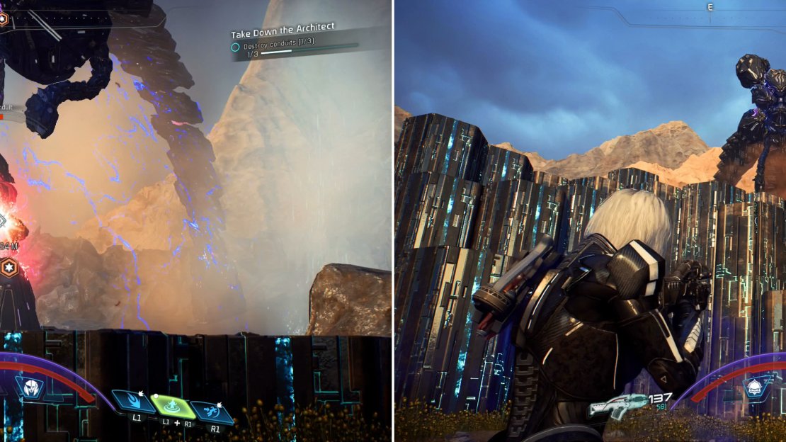 Fire at the Architect’s exposed leg conduits (left), and eventually it’ll retreat to high ground (right).