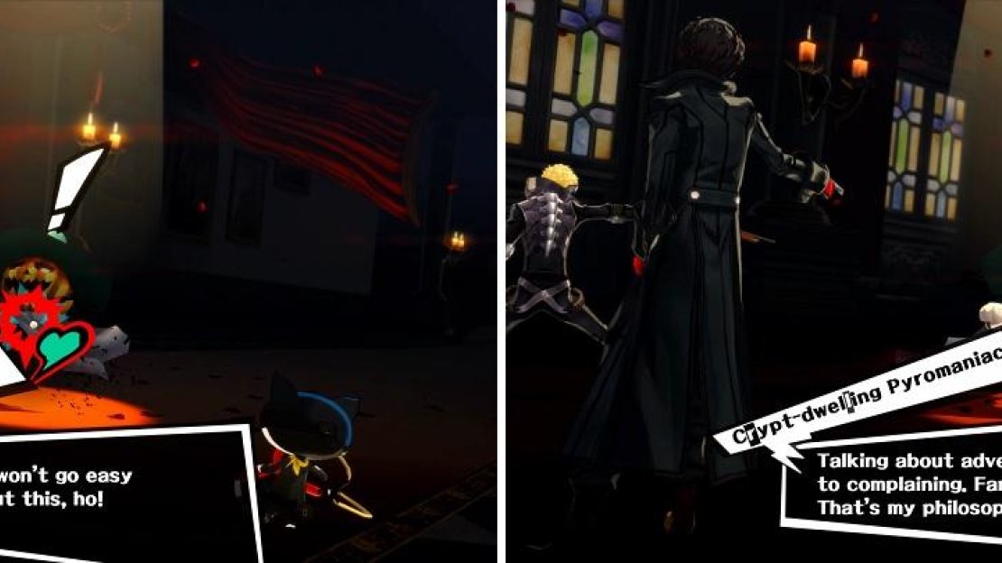 You can see a Shadow’s personality type in the upper left during a Hold Up (left). A favorable response will be met with yellow notes coming out of them (right).